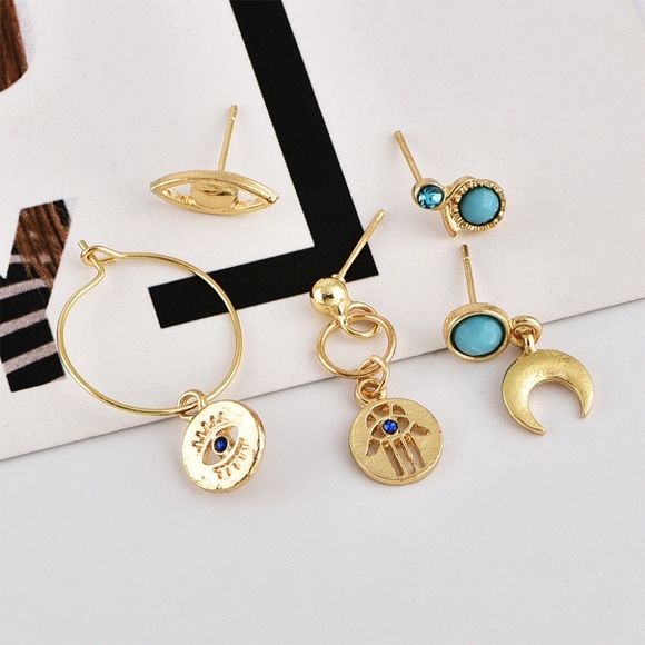 5-piece Boho Palm Moon Turquoise Gold Earrings - Picture 2 of 5